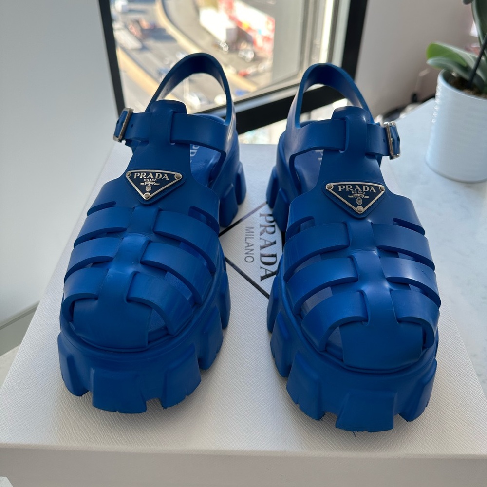 Prada blue monolith sandals